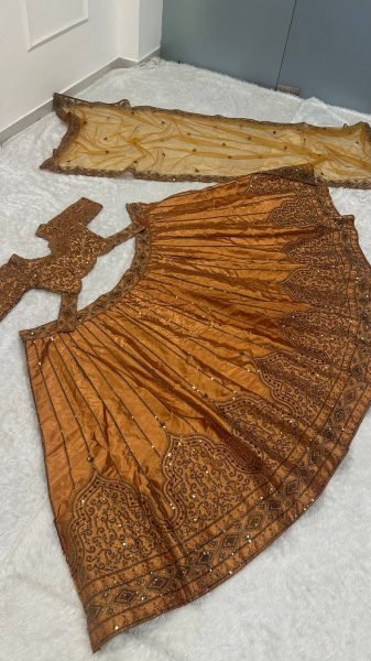 Rust Wedding Wear Satin Silk Lehenga Choli with Net Embroidered Dupatta at Wholesale Rate Designer Lehenga Choli