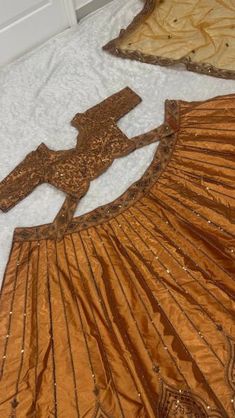 Rust Wedding Wear Satin Silk Lehenga Choli with Net Embroidered Dupatta at Wholesale Rate Designer Lehenga Choli