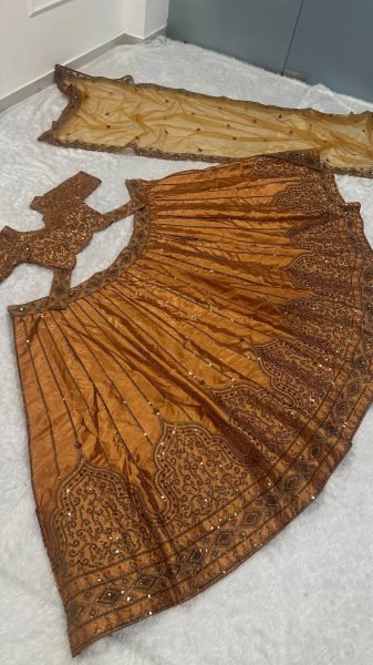 Rust Wedding Wear Satin Silk Lehenga Choli with Net Embroidered Dupatta at Wholesale Rate Designer Lehenga Choli
