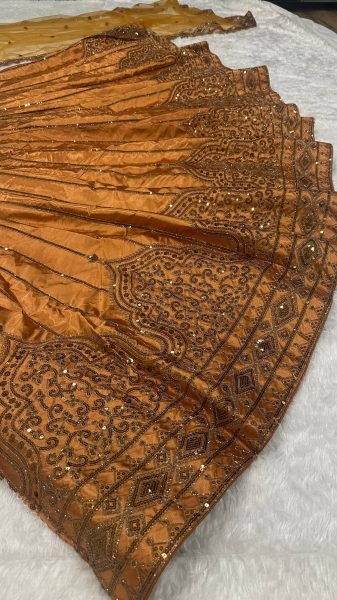 Rust Wedding Wear Satin Silk Lehenga Choli with Net Embroidered Dupatta at Wholesale Rate Designer Lehenga Choli