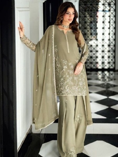 Sage Green Designer Faux Georgette Plazo Set with Sequence Work For Special Occasions Ready To Wear Suit