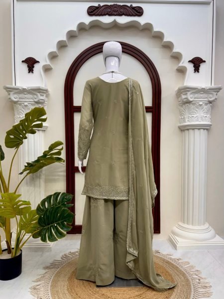 Sage Green Designer Faux Georgette Plazo Set with Sequence Work For Special Occasions Ready To Wear Collection