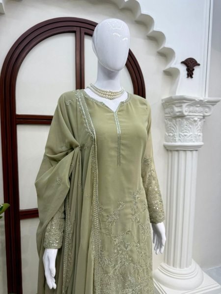 Sage Green Designer Faux Georgette Plazo Set with Sequence Work For Special Occasions Ready To Wear Collection