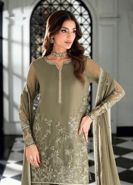Sage Green Designer Faux Georgette Plazo Set with Sequence Work For Special Occasions Ready To Wear Collection