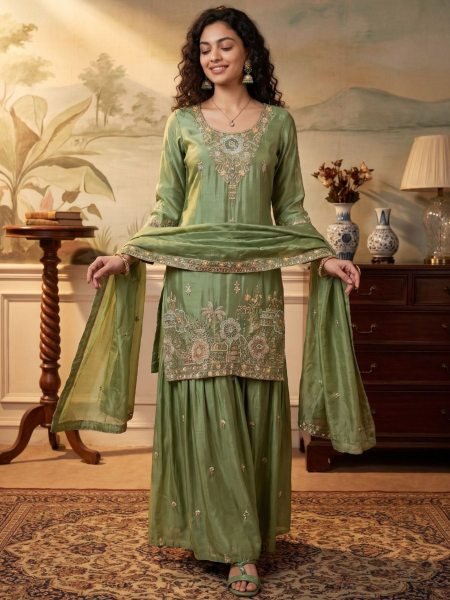 Sage Green Readymade Salwar Suit with Heavy Embroidery Handwork and Pure Fabric Salwar Kameez