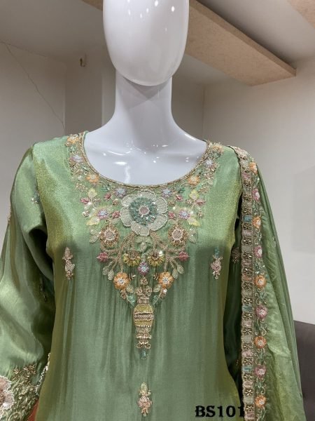 Sage Green Readymade Salwar Suit with Heavy Embroidery Handwork and Pure Fabric Designer Plazzo Salwar Suits Wholesale