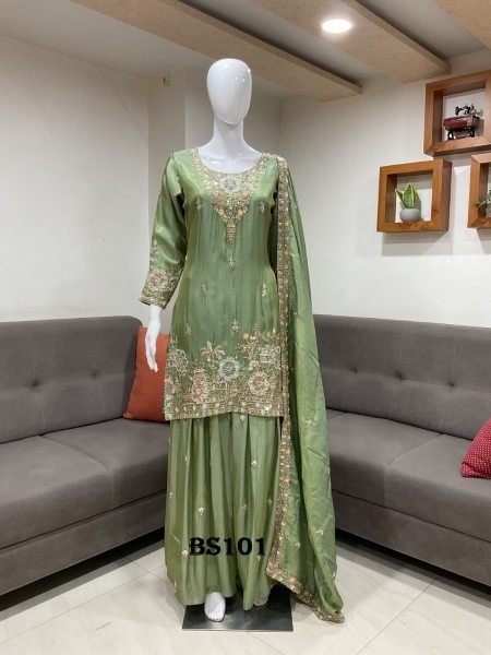 Sage Green Readymade Salwar Suit with Heavy Embroidery Handwork and Pure Fabric Designer Plazzo Salwar Suits Wholesale