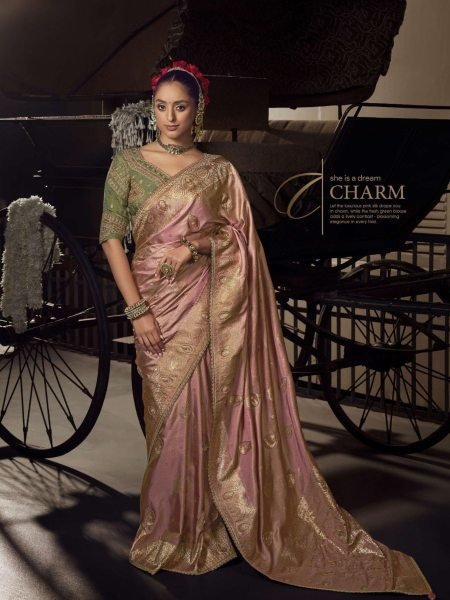 Salmon Pink Woven Viscose Tissue Silk Saree Paired With Contrast Green Blouse Banarasi Saree Wholesale
