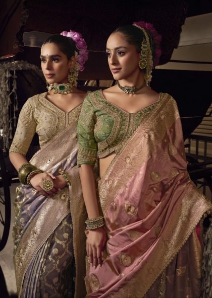 Salmon Pink Woven Viscose Tissue Silk Saree Paired With Contrast Green Blouse Banarasi Saree Wholesale