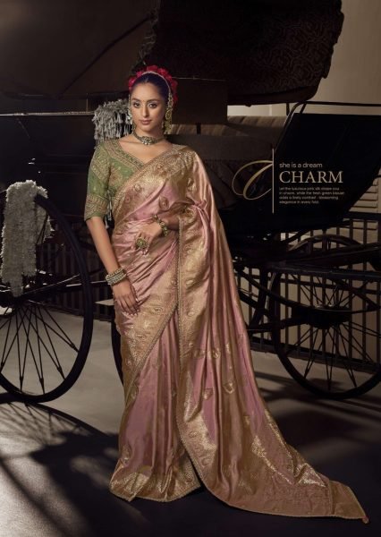 Salmon Pink Woven Viscose Tissue Silk Saree Paired With Contrast Green Blouse Banarasi Saree Wholesale