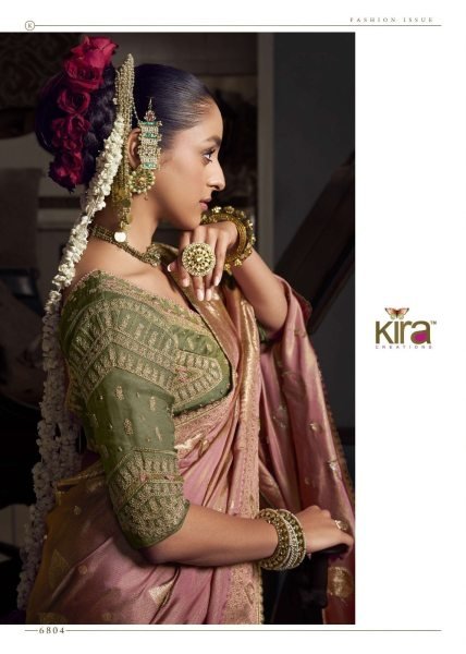 Salmon Pink Woven Viscose Tissue Silk Saree Paired With Contrast Green Blouse Banarasi Saree Wholesale