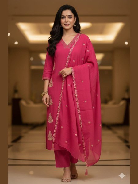 Sarvella Red Mul Chanderi Suit Set with Premium Finish for Everyday Wear Embroidery Kurtis 