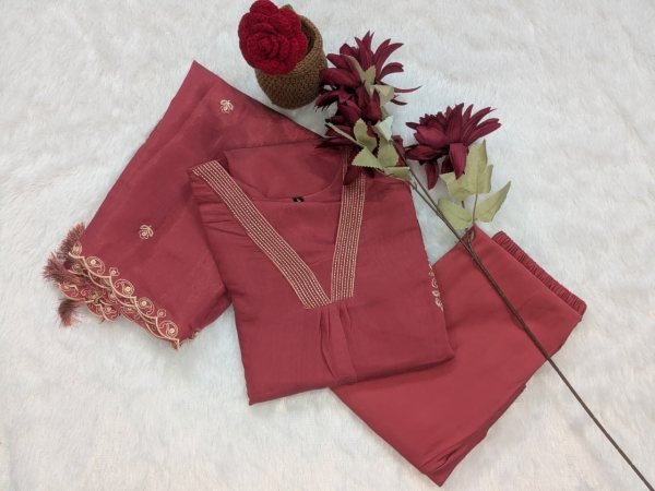 Sarvella Red Mul Chanderi Suit Set with Premium Finish for Everyday Wear Embroidery Kurtis 