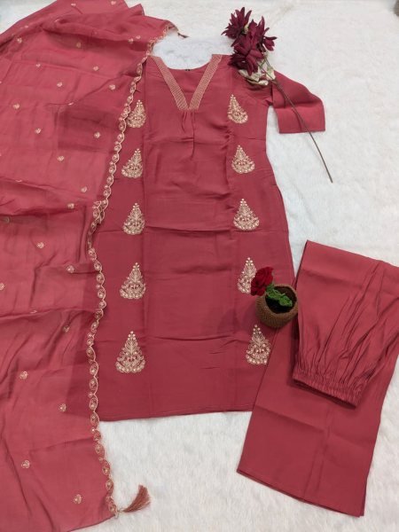 Sarvella Red Mul Chanderi Suit Set with Premium Finish for Everyday Wear Embroidery Kurtis 