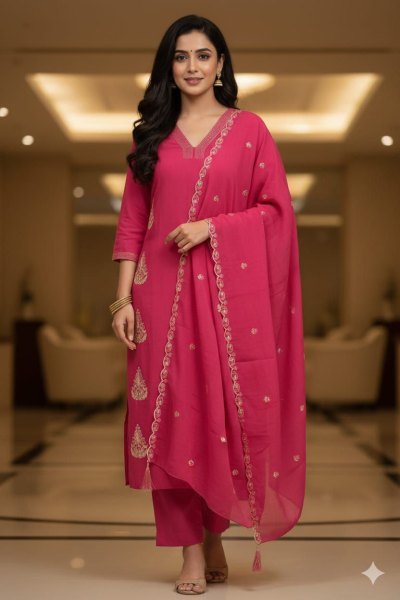 Sarvella Red Mul Chanderi Suit Set with Premium Finish for Everyday Wear Embroidery Kurtis 