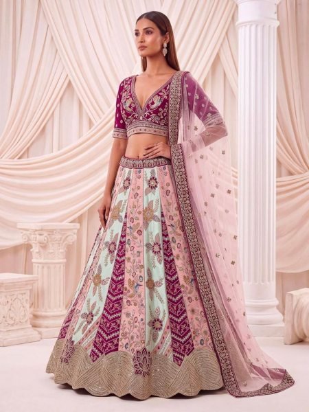 Satin Silk Bridal Lehenga Choli with Flower Patch Work  Hand Mirror Work and Designer Dupatta 
