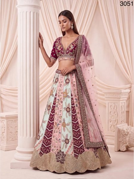 Satin Silk Bridal Lehenga Choli with Flower Patch Work  Hand Mirror Work and Designer Dupatta Bridal Lehenga Choli