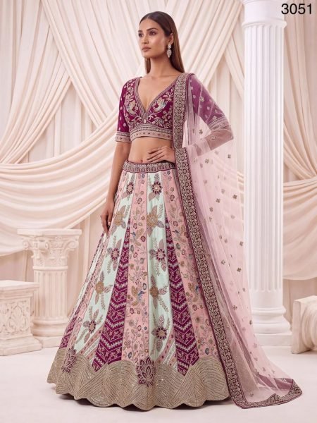 Satin Silk Bridal Lehenga Choli with Flower Patch Work  Hand Mirror Work and Designer Dupatta Bridal Lehenga Choli