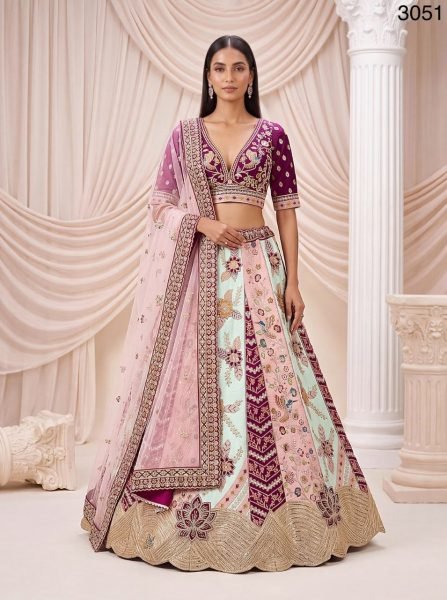 Satin Silk Bridal Lehenga Choli with Flower Patch Work  Hand Mirror Work and Designer Dupatta Bridal Lehenga Choli
