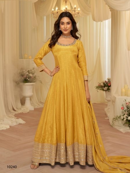 Sayuri Aaradhna Mustard Yellow Embroidered Wedding And Party Wear Gown  Anarakali Gown Wholesale