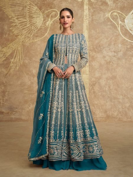 Sayuri Bridal Indo-Western Gown Two-Tone Georgette Jacket Style with Dupatta, Center Cut Ready-to-Wear Set Salwar Kameez