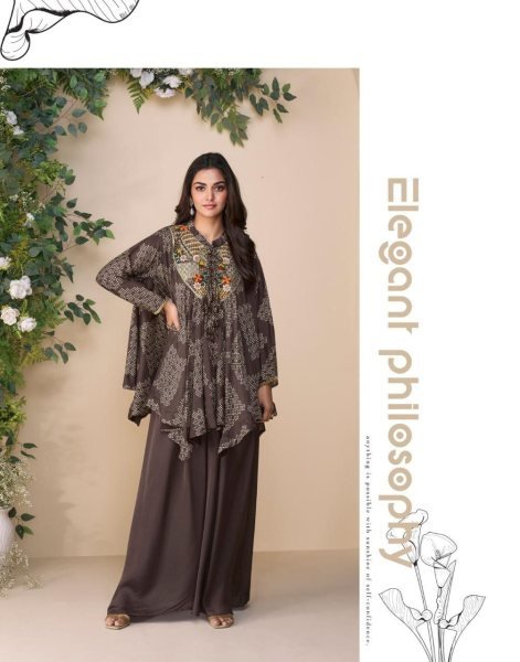 Sayuri Designer Brown Hand Embellished Chinon Poncho Kaftan Style Suit Designer Plazzo Salwar Suits Wholesale