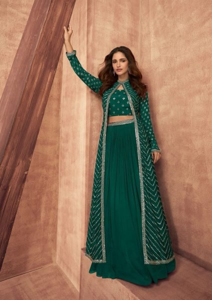 Sayuri Designer Green Embroidered Indo Western Shrug Lehenga Choli Set Wedding Bridal Dress Wholesale