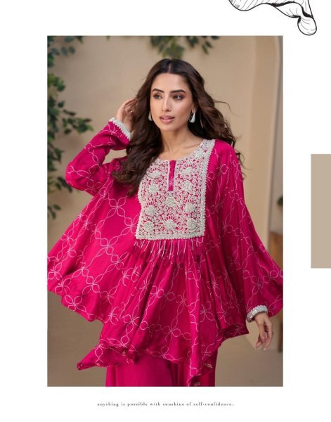 Sayuri Hot Pink Chinon Silk Poncho Palazzo Suit For Export at Factory Price Designer Plazzo Salwar Suits Wholesale