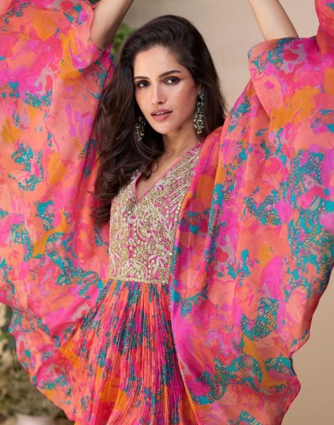 Sayuri Multi Pink Chinon Silk Indo Western Set For Partywear at Bulk Price Designer Plazzo Salwar Suits Wholesale