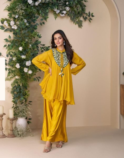 Sayuri Mustard Yellow Chinon Silk Palazzo Suit At Manufacturer Rate for Export Designer Plazzo Salwar Suits Wholesale