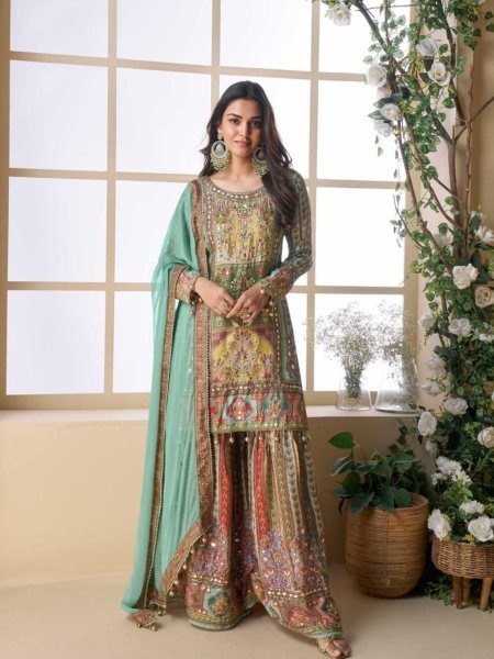  Sayuri Pakeeza Multicolor Palazzo Suit with Aari Work Festive Ready Salwar Kameez  Salwar Kameez