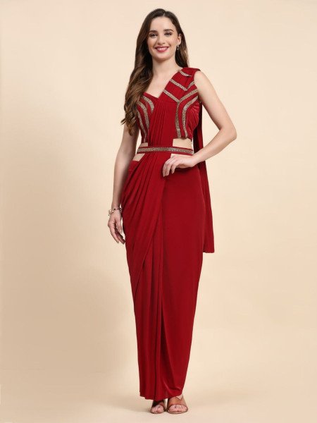 Scarlet Shine Red Crystal Saree with Designer Lace Blouse Ready to Wear Sarees 