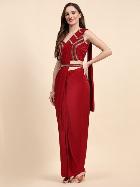 Scarlet Shine Red Crystal Saree with Designer Lace Blouse Ready to Wear Ready To Wear Saree 