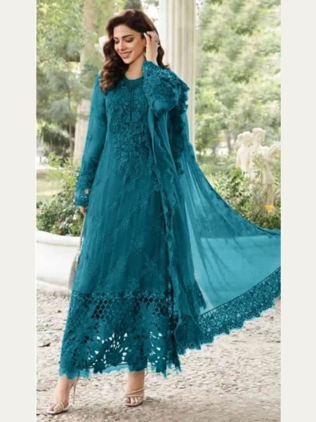 Sea Green Chiffon Pakistani Salwar Suit with Laser   Moti Work Designer Suit with Embroidered Dupatta at Wholesale Price Salwar Kameez