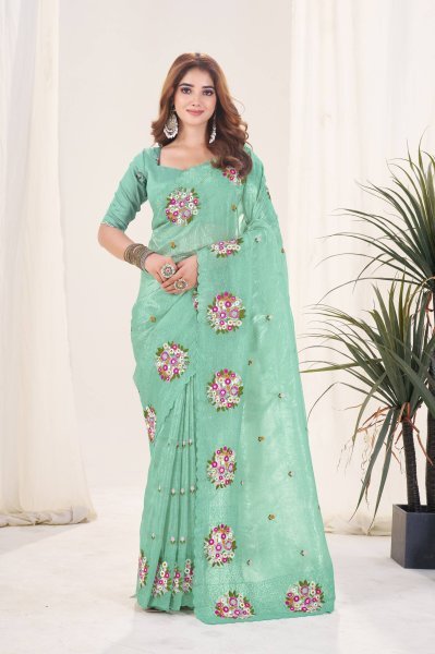 Sea Green Gold Crush Silk Saree with Floral Embroidery and Cutwork Border Silk Sarees Wholesale