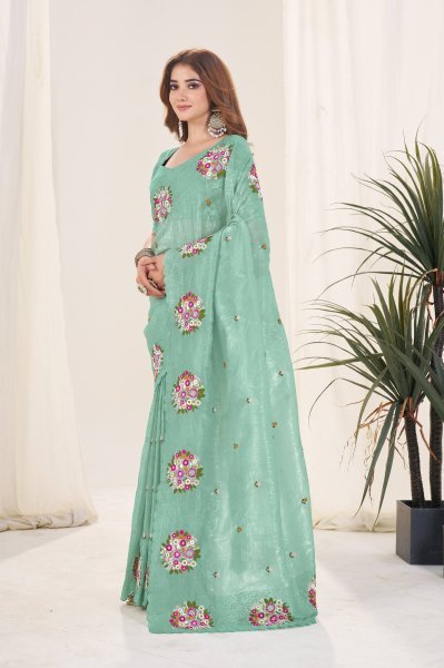 Sea Green Gold Crush Silk Saree with Floral Embroidery and Cutwork Border Silk Sarees Wholesale