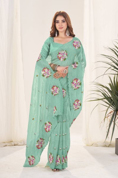 Sea Green Gold Crush Silk Saree with Floral Embroidery and Cutwork Border Silk Sarees Wholesale