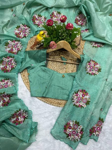 Sea Green Gold Crush Silk Saree with Floral Embroidery and Cutwork Border Silk Sarees Wholesale