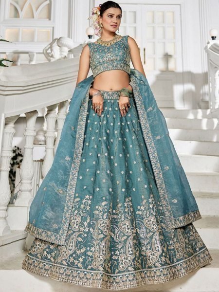 Sea Green Golden Tissue Bridal Lehenga with Sequin Embroidery Perfect for Mehendi Look  Lehenga