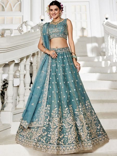 Sea Green Golden Tissue Bridal Lehenga with Sequin Embroidery Perfect for Mehendi Look Bridal Lehenga Choli