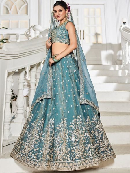 Sea Green Golden Tissue Bridal Lehenga with Sequin Embroidery Perfect for Mehendi Look Bridal Lehenga Choli
