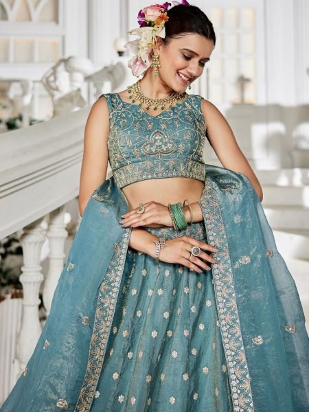 Sea Green Golden Tissue Bridal Lehenga with Sequin Embroidery Perfect for Mehendi Look Bridal Lehenga Choli