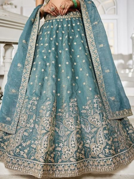 Sea Green Golden Tissue Bridal Lehenga with Sequin Embroidery Perfect for Mehendi Look Bridal Lehenga Choli