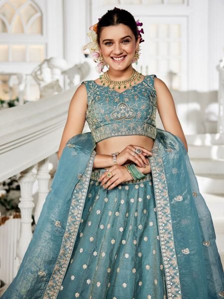Sea Green Golden Tissue Bridal Lehenga with Sequin Embroidery Perfect for Mehendi Look Bridal Lehenga Choli