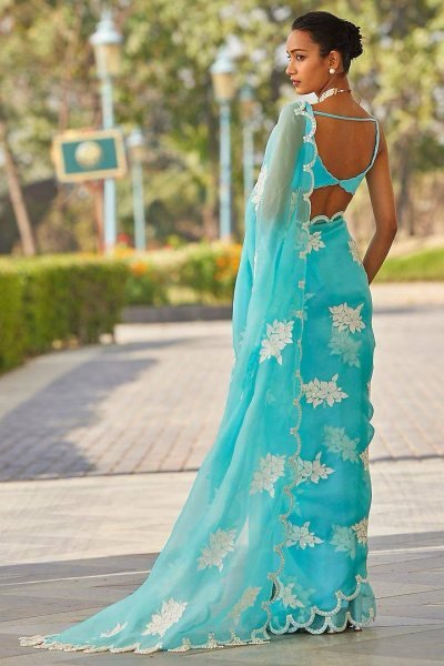 Sea Green Jimmy Choo Sequin Saree Designer Arco Cut Elegance with Banglory Blouse JIMMY CHOO SAREE