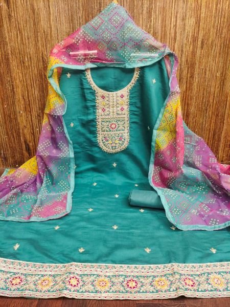 Sea Green Romal Silk Suit with Daal Santoon Bottom & Organza Dupatta  Color Set Matching Dress Material Wholesale