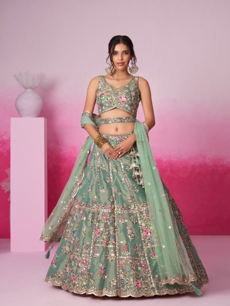 Sea Green Wedding Lehenga Designer Embroidery   Dupatta Set Surat Manufacturing for Reseller  Lehenga