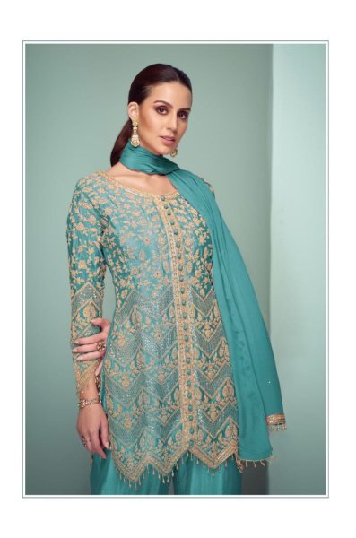 SeaGrace Chinon Palazzo Ensemble Soothing Sea Green with Stitched Dupatta Style Designer Plazzo Salwar Suits Wholesale