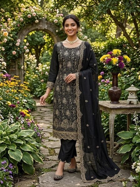 Seamless Black Vichitra Silk Salwar Suit Fabric Set with Heavy Embroidery Work Color Set Matching Dress Material Wholesale