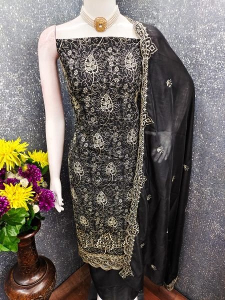 Seamless Black Vichitra Silk Salwar Suit Fabric Set with Heavy Embroidery Work Color Set Matching Dress Material Wholesale